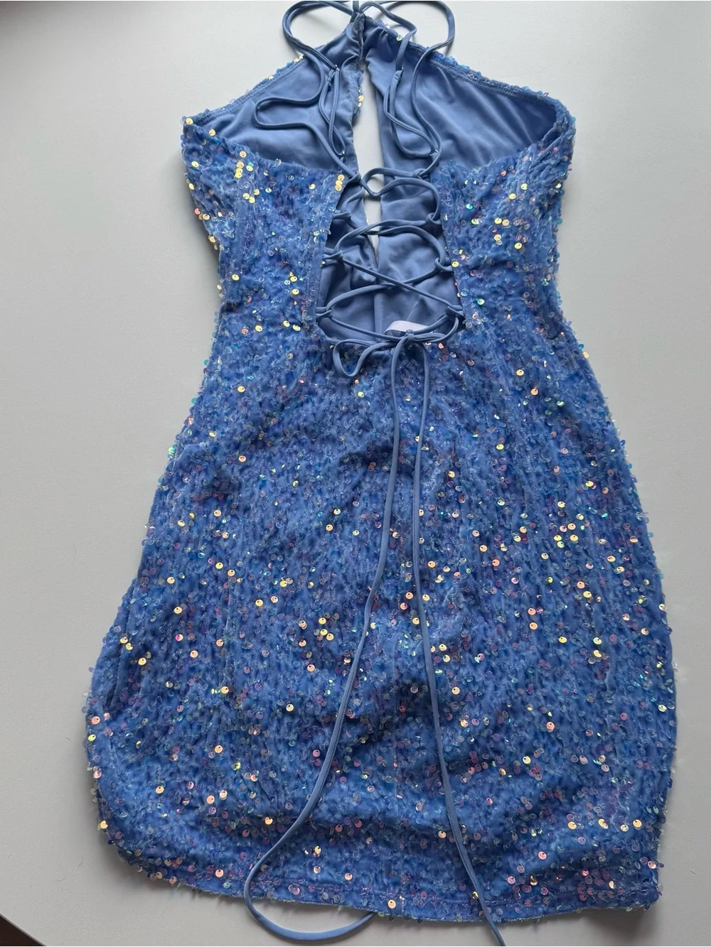 Lucy in the Sky Iridescent Light Blue Sequin Halter mini dress - Picture 4 of 11
